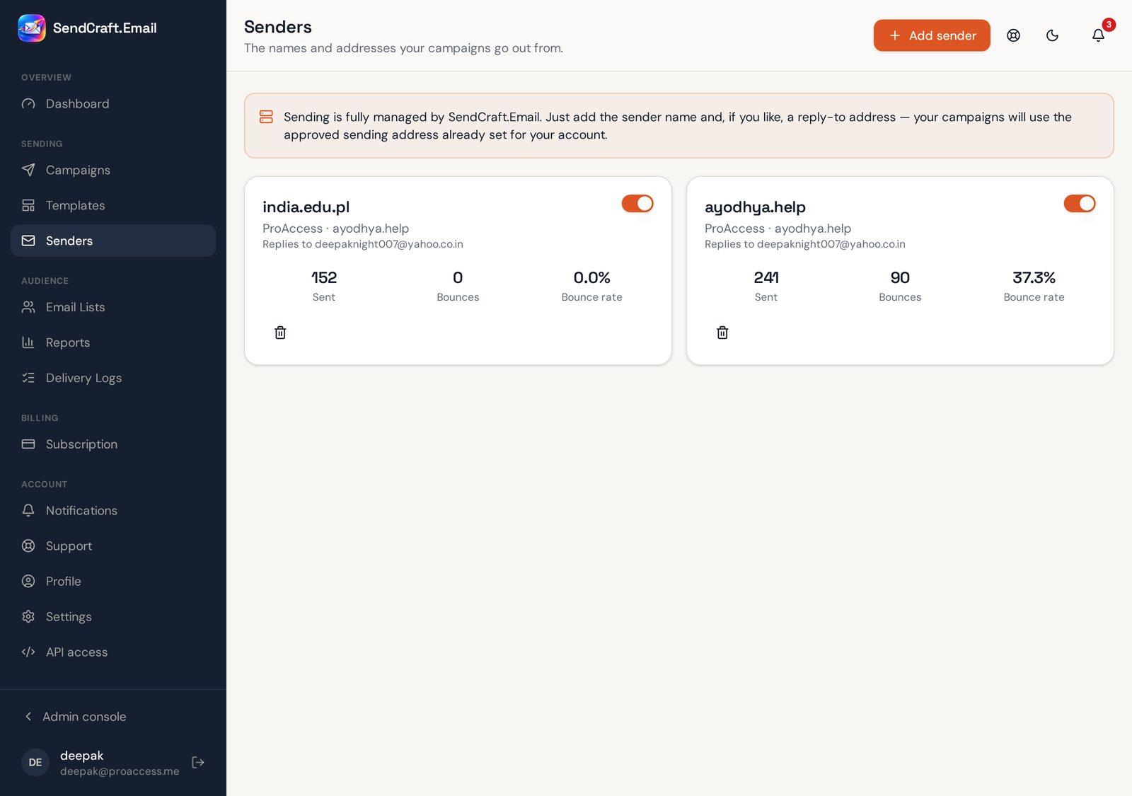 Senders page where you add the from name and choose an approved sending domain