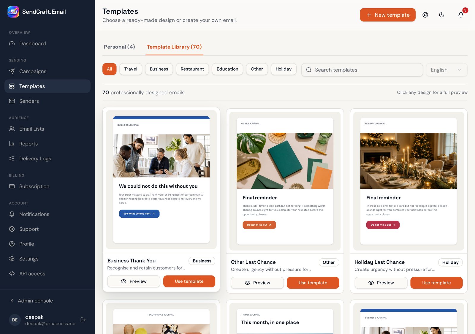 Template library with ready-made email designs grouped by category