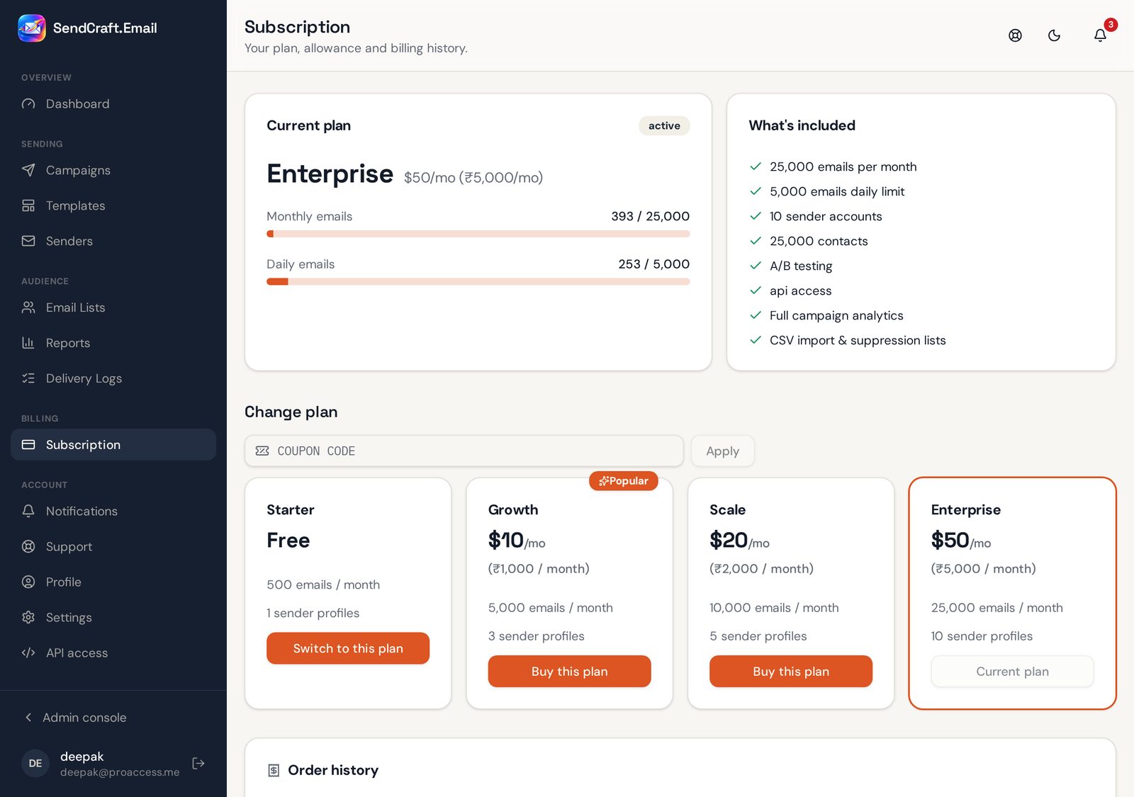 Subscription page showing the current plan, usage and invoices